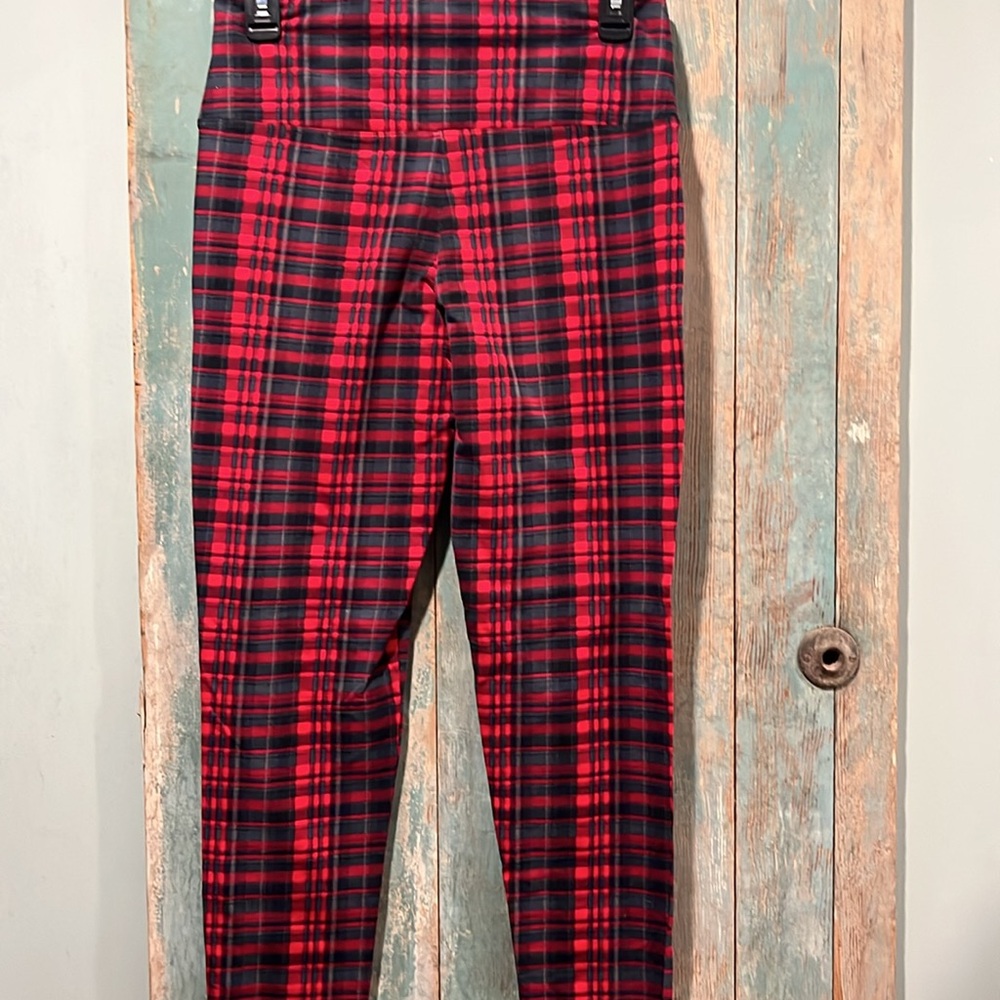 Intro love the fit women’s leggings small red/gray plaid - Picture 2 of 4
